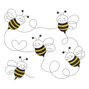 Può includere: Un'illustrazione stravagante con cinque api sorridenti con corpi a strisce nere e gialle e ali bianche. Ogni ape è collegata da una linea curva, una delle quali forma un cuore. Le api hanno antenne nere su sfondo bianco.