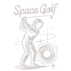 以下が含まれることがあります： 宇宙飛行士がゴルフをしている白い線画。テキスト「Space Golf」は宇宙飛行士の上にあります。宇宙飛行士は宇宙服を着ており、ゴルフボールを打とうとしています。ゴルフボールとターゲットが前景にあります。
