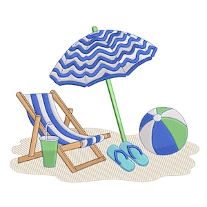 May include: An illustration of a beach scene with a blue and white striped parasol, a matching deckchair, and a beach ball. A green drink and blue flip-flops are also present, all on a sandy surface. The design suggests a summer holiday theme.