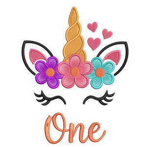 May include: A vibrant unicorn face design with a golden horn, black eyelashes, and a floral crown featuring purple, pink, and turquoise flowers. Pink hearts float above the unicorn's head, and the word "One" is written in orange script.