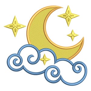 May include: Embroidered design featuring a crescent moon, stars, and clouds. The moon and stars are yellow, the clouds are blue, and the design is on a white background. The embroidery has a textured appearance, suggesting a fabric or textile application.
