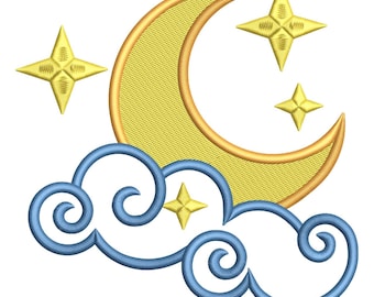 May include: Embroidered design featuring a crescent moon, stars, and clouds. The moon and stars are yellow, the clouds are blue, and the design is on a white background. The embroidery has a textured appearance, suggesting a fabric or textile application.