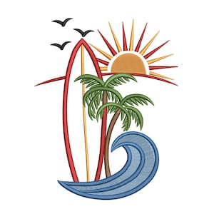 May include: A vibrant embroidery design featuring a red surfboard, palm trees, a setting sun, and a blue wave. Three black birds fly above the surfboard, evoking a tropical beach theme. The design is set against a white background.