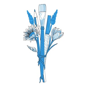 May include: A blue and white embroidered design featuring a bouquet of art supplies and flowers. The bouquet includes a paintbrush, pencil, marker, and various floral elements, all tied together with a blue ribbon. The design is set against a white background.
