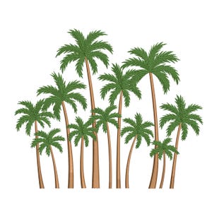 May include: A collection of stylised palm trees with green fronds and brown trunks against a white backdrop. The trees vary in height and are arranged in a slightly curved line, creating a tropical scene.