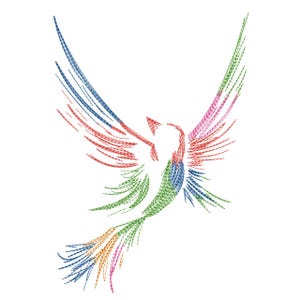 May include: A vibrant illustration of a bird in flight, rendered in a linear, textured style. The design incorporates a palette of colours, including blue, red, green, and yellow, set against a white backdrop. The bird's wings are outstretched.