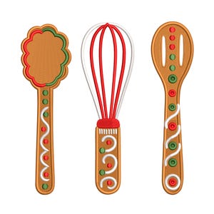 May include: Three embroidered kitchen utensils: a spatula, a whisk, and a slotted spoon. The spatula has a scalloped edge with red and green trim. The whisk has red and white wires. The spoon has decorative holes and red and green accents.