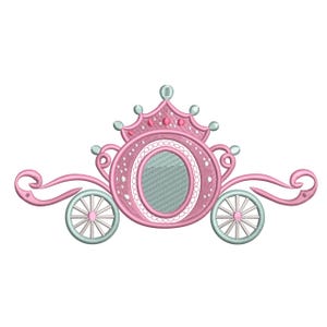 May include: A pink and light blue embroidered design of a fairytale carriage. The carriage features a crown, oval window, and spoked wheels. The design is suitable for embroidery projects, scrapbooking, or other crafts.