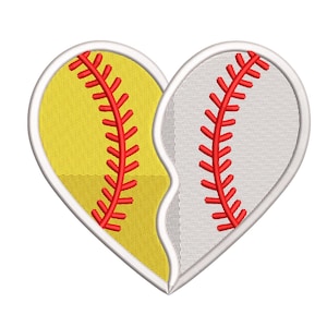 May include: A heart-shaped design featuring two halves of a softball. One half is yellow, the other is white, both with red stitching. The design has a white border and is suitable for sports-themed crafts.
