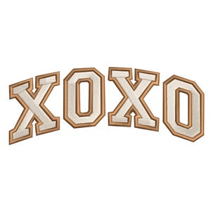 May include: Embroidered design of the letters XOXO in a serif font. The letters are white with a brown outline and a brown border. The letters are slightly arched.