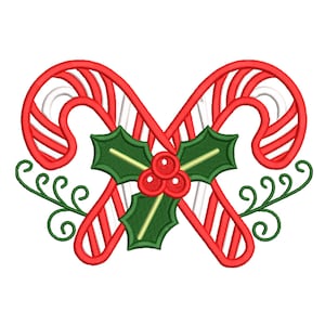 May include: A festive Christmas design featuring two crossed red and white candy canes, adorned with green holly leaves and red berries. The design includes decorative green swirls, perfect for holiday crafts.
