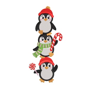 May include: Three embroidered penguins stacked on top of each other. The top penguin wears a red hat. The middle penguin has a green and white scarf and holds a candy cane. The bottom penguin wears a red hat and holds a lollipop.