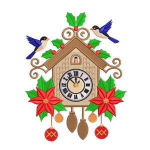 May include: Embroidered cuckoo clock design. The clock face has Roman numerals, two blue birds, red poinsettias, green holly, and gold ornaments. The clock hands point to 11:05. A festive design for crafts.