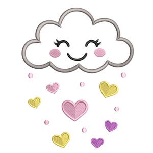 May include: An embroidered design of a smiling cloud with pink cheeks and eyelashes. Hearts in pink, yellow, and purple fall from the cloud, along with small pink circles. The cloud has a grey outline.