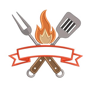 May include: An embroidered design featuring crossed grilling tools, a spatula and a fork, with a flame in the center. A red banner with a blank space for text is below the tools. The handles are brown with silver rings.