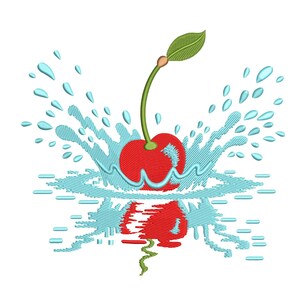 Könnte beinhalten: Eine rote Kirsche mit grünem Stiel und Blatt, dargestellt in einem Spritzer blauem Wasser. Das Design beinhaltet eine Spiegelung der Kirsche und des Wassers, wodurch ein dynamisches und erfrischendes Bild entsteht. Es ist wahrscheinlich ein Stickdesign.