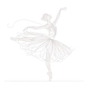 Peut inclure: Illustration gracieuse d'une ballerine en mouvement, réalisée avec des lignes pointillées. La ballerine porte un tutu et des pointes, un bras levé et l'autre tendu. L'image évoque la grâce et la légèreté de la danse classique.
