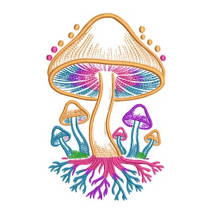 May include: An embroidered design of a large mushroom with a white stem and a tan cap with pink, blue, and purple accents. Smaller mushrooms in shades of blue, orange, and purple surround the base, with roots in pink, purple, and blue.