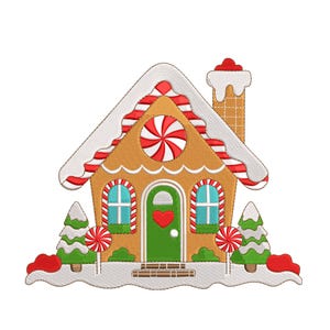 May include: A gingerbread house design with a red and white striped roof, a red and white pinwheel, and a green door with a red heart. The house has two windows with blue and white striped curtains, and two candy cane lollipops.