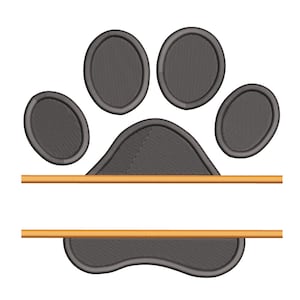 May include: A detailed embroidered design of a dog paw print in dark gray, with a textured fill and a thin, light brown bar below. The paw print has five oval pads and a larger, curved pad at the base. The design is on a white background.