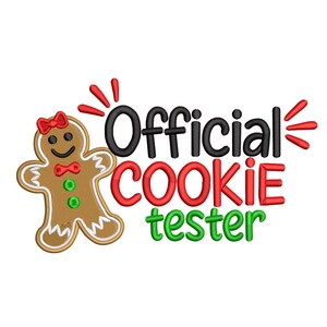 May include: A gingerbread cookie with a red bow tie and green buttons is next to the words "Official COOKIE tester" in black, red, and green. Red bursts emanate from the word "Official". The design is likely for a Christmas or holiday-themed product.
