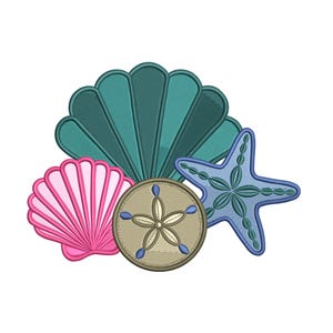 May include: An embroidered design featuring a teal clam shell, a pink scallop shell, a tan sand dollar, and a blue starfish. The design has a nautical theme, perfect for coastal decor or craft projects.