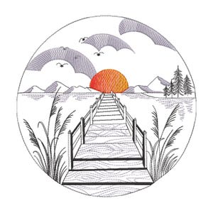 Molo del lago al tramonto – Disegno per ricamo con paesaggio panoramico