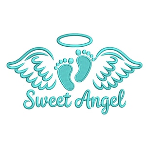 Pode incluir: Um design turquesa com asas de anjo, pegadas de bebé e um halo. As palavras "Sweet Angel" estão escritas em itálico sob as asas e as pegadas. Fundo branco.