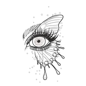Peut inclure: Illustration en noir et blanc d'un œil avec de longs cils et un motif d'aile de papillon. L'œil a un iris détaillé et est entouré de lignes et de cercles délicats, créant une esthétique artistique et fantaisiste.