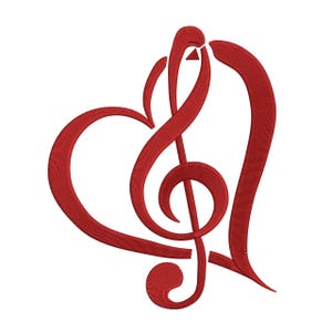 May include: A red embroidered design of a heart and treble clef. The design is detailed with textured stitching, creating a three-dimensional effect. The image is set against a clean white background, highlighting the musical theme.