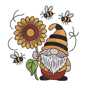 May include: Embroidered design of a garden gnome holding a sunflower, surrounded by three bees. The gnome wears a yellow and black striped hat and a white beard. The sunflower is yellow and brown with a green stem and leaf.