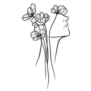 Puede incluir: Ilustración en blanco y negro de un perfil femenino con elementos florales. Las flores, con pétalos detallados, están situadas cerca del rostro de la mujer. La obra de arte se presenta sobre un fondo blanco liso.