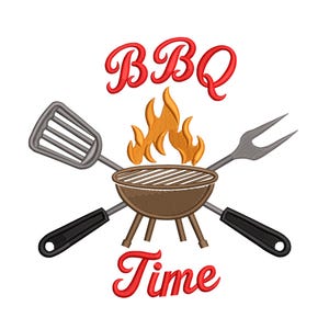 May include: Embroidered design of a brown barbecue grill with flames, a spatula, and a fork. The words "BBQ Time" are in red script above and below the grill. The design is on a white background.