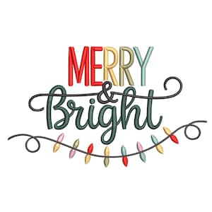 May include: A festive design with the words "MERRY & Bright" in colorful, stylized lettering. The word "MERRY" is in red, gold, and teal. The word "Bright" is in teal. A string of colorful Christmas lights decorates the bottom.