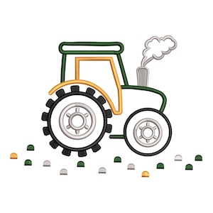 May include: A cartoon-style illustration of a green, yellow, and black tractor with white wheels and a smokestack. The tractor has a detailed design and is set against a white background. Small, colorful shapes are scattered below the tractor.
