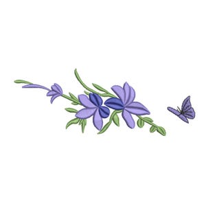 May include: An embroidered design featuring a cluster of lavender flowers with blue centers and a lavender butterfly. The flowers are attached to green stems and leaves, creating a floral and nature-inspired motif.