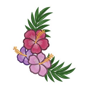 May include: A corner design featuring three hibiscus flowers in shades of pink and purple, with yellow stamens and green leaves. The floral arrangement is set against a white background.