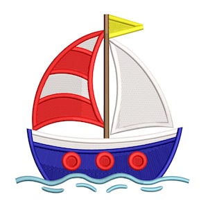 May include: A cartoon sailboat illustration with a red sail, white sail, and blue hull. The boat has a yellow pennant and is depicted on blue waves. The design is likely for embroidery or a similar craft project.