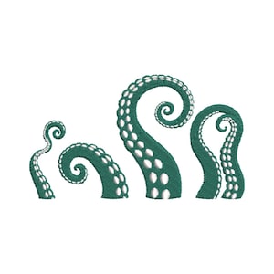 May include: Embroidered design featuring several green octopus tentacles with white suction cups. The tentacles are in various curved shapes, with a detailed, textured appearance. Set against a clean white background.