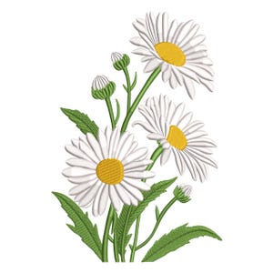 May include: An embroidered design of daisies with white petals and yellow centers. The flowers are on green stems with green leaves and buds. The design is on a white background.