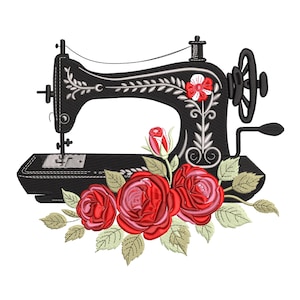 Könnte beinhalten: Schwarze Vintage-Nähmaschine mit roten Rosen und grünen Blättern. Die Nähmaschine hat dekorative Blumenmuster und ein Handrad. Die Rosen blühen in voller Pracht und verleihen dem Design einen Hauch von Eleganz.
