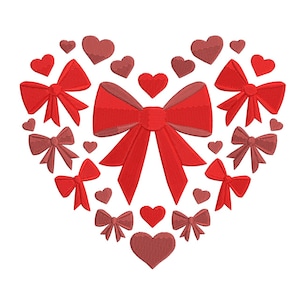 Könnte beinhalten: Ein herzförmiges Design aus roten Schleifen und Herzen. Die Schleifen variieren in Größe und Farbton, wobei die größten in einem leuchtenden Rot gehalten sind. Kleinere Herzen und Schleifen füllen den Raum und erzeugen ein romantisches und dekoratives Muster auf weißem Hintergrund.