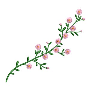 Puede incluir: Un diseño de bordado floral que presenta una rama delicada con flores rosas en forma de margarita y hojas verdes. El diseño incluye varios capullos y está sobre un fondo blanco. Adecuado para proyectos de manualidades.