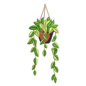 May include: Embroidered hanging plant design featuring a brown pot with green and yellow leaves. The plant is suspended by a beige rope. The leaves have a detailed, textured appearance, creating a realistic look. This design is suitable for embroidery projects.