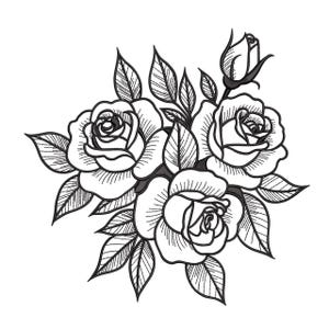 May include: A monochrome illustration of a rose bouquet. The design includes three open roses, a rose bud, and detailed leaves. The artwork is a line drawing style, with shading to give depth and dimension.