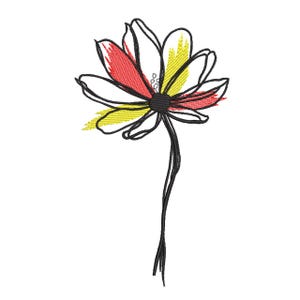 Puede incluir: Diseño de flor bordada con contorno negro, pétalos blancos y detalles en rojo y amarillo. La flor tiene un tallo largo y delgado y un centro negro, sobre un fondo blanco.