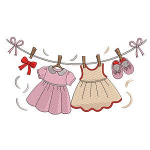 May include: A whimsical illustration of baby clothes hanging on a clothesline. The image features a pink dress, a cream-colored dress with red trim, and a pair of pink baby shoes. Decorative bows and feathers complete the design.