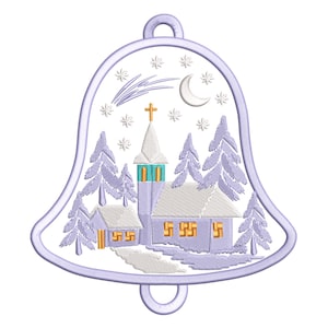 May include: Embroidered Christmas bell ornament featuring a winter church scene with a cross, moon, and stars. The design includes snow-covered trees and buildings in shades of purple, white, and gold. The bell has a loop for hanging.