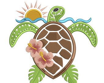 ポリネシアの刺繍デザイン：ハワイのカメ、ハイビスカス、波（デジタル