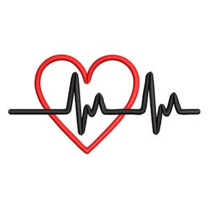 May include: A red heart outline with a black heartbeat line running through it. The heartbeat line is a series of peaks and valleys, representing a pulse. The design is simple and graphic, suitable for medical or health-related themes.